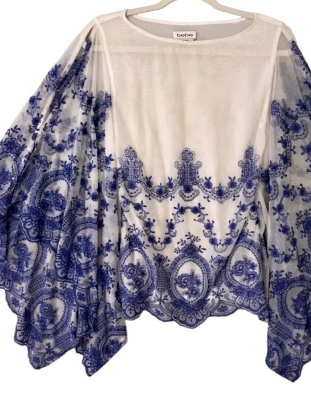 Bebe Embroidered Sheer Poncho Top Whimsical Fairycore Boho Blue White S
